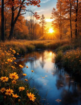 The primary subject of the image is a beautiful scene of a river surrounded by yellow flowers, creating a serene and picturesque atmosphere. The setting is a natural environment with the river flowing through a forest, and the background features a sunset, adding warmth and tranquility to the scene. The visual style of the image is a photo, capturing the vibrant colors and the delicate beauty of the flowers and the river. The colors and mood of the image are predominantly yellow and warm, evoking feelings of